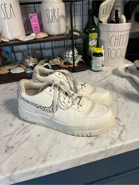 Nike White Platform Sneakers with Leopard-Print Swoosh Womens 10